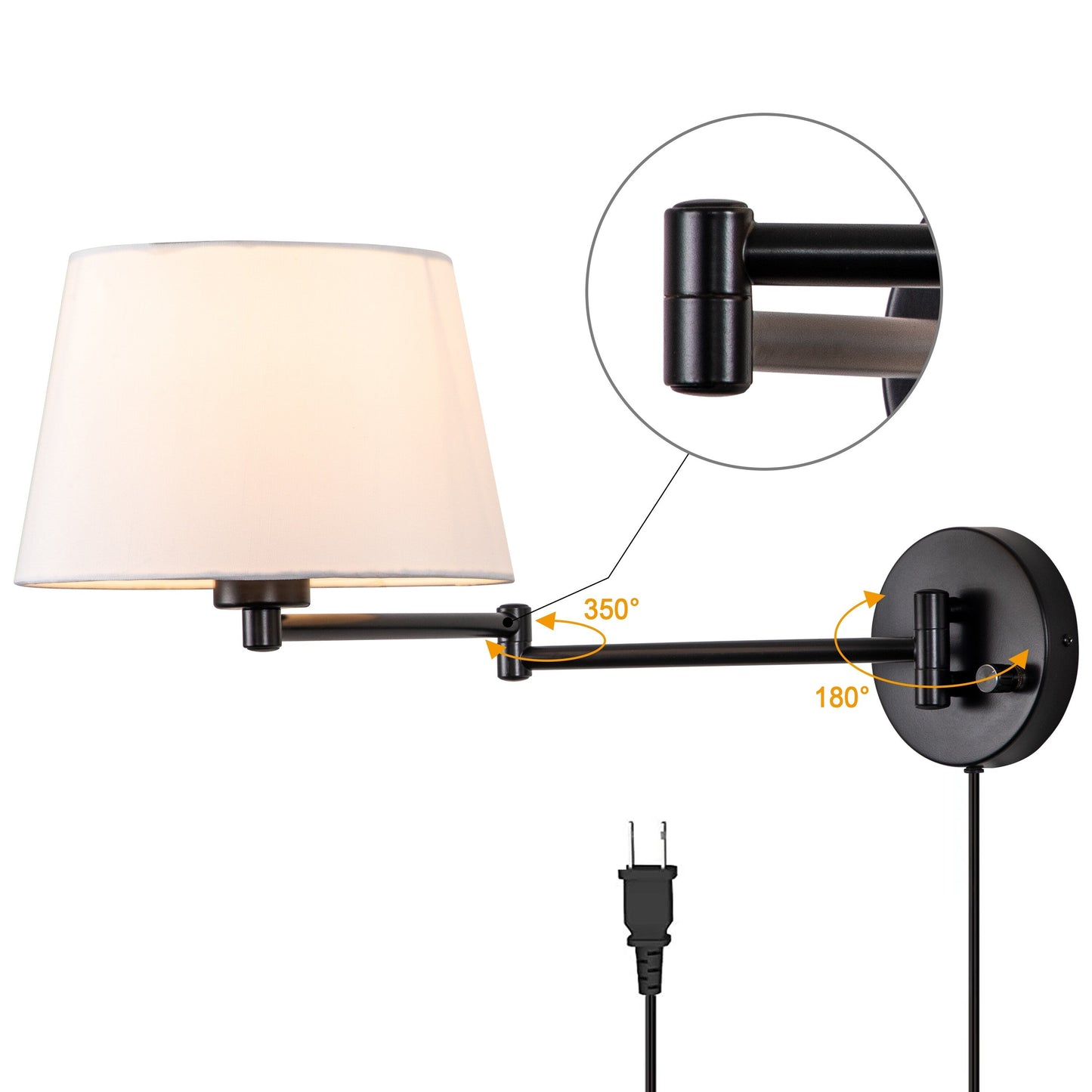 2-Pack Black Swing Arm Wall Light Plug-In with Linen Shade