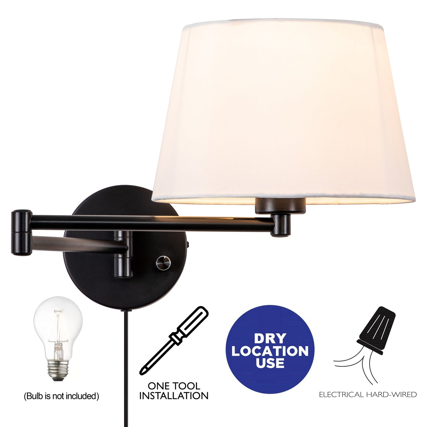 2-Pack Black Swing Arm Wall Light Plug-In with Linen Shade