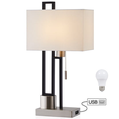 Matte Black/Brushed Nickel Table Lamp with USB Port and White Linen Shade， 9.5W LED Bulb Included - 21 H