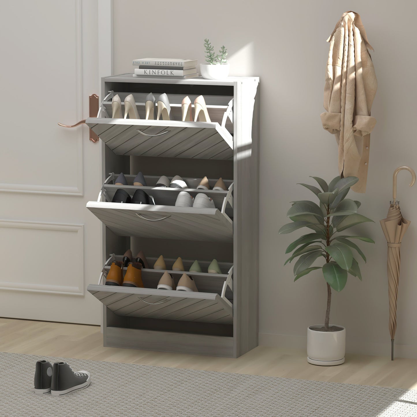 22.4 Shoe Storage Cabinet with 3 Flip Drawers Wood/ Grey by Kerrogee