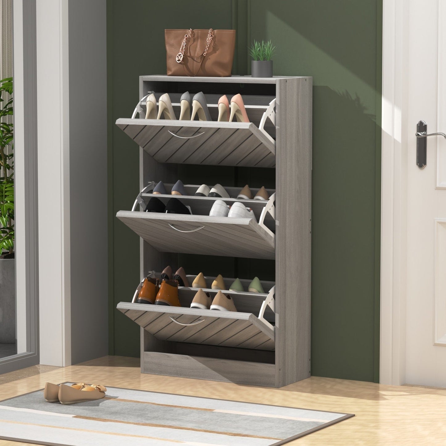 22.4 Shoe Storage Cabinet with 3 Flip Drawers Wood/ Grey by Kerrogee