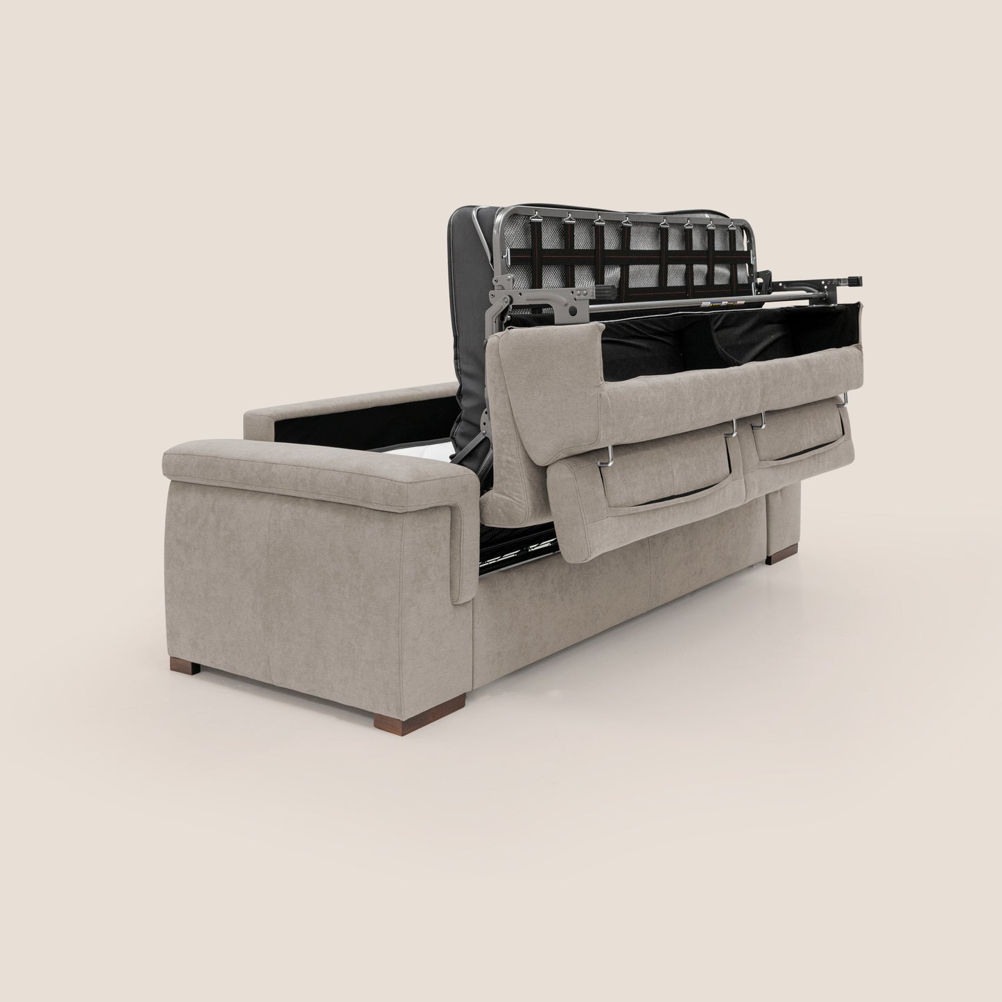 Giunone divano letto con materasso alto 18 cm e poggiatesta reclinabili in tessuto impermeabile T02 beige 