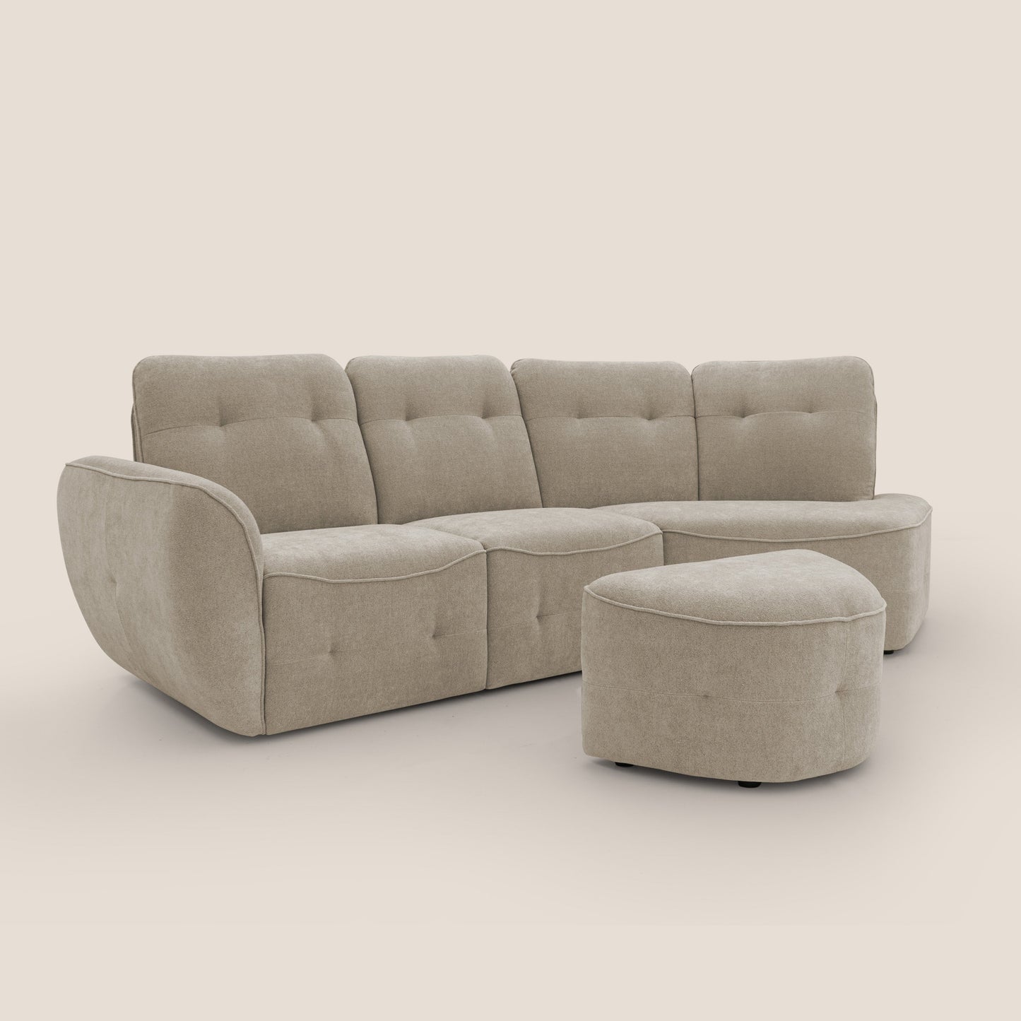 Cerbero divano angolare con pouf mobile in morbido bouclé impermeabile T07 beige