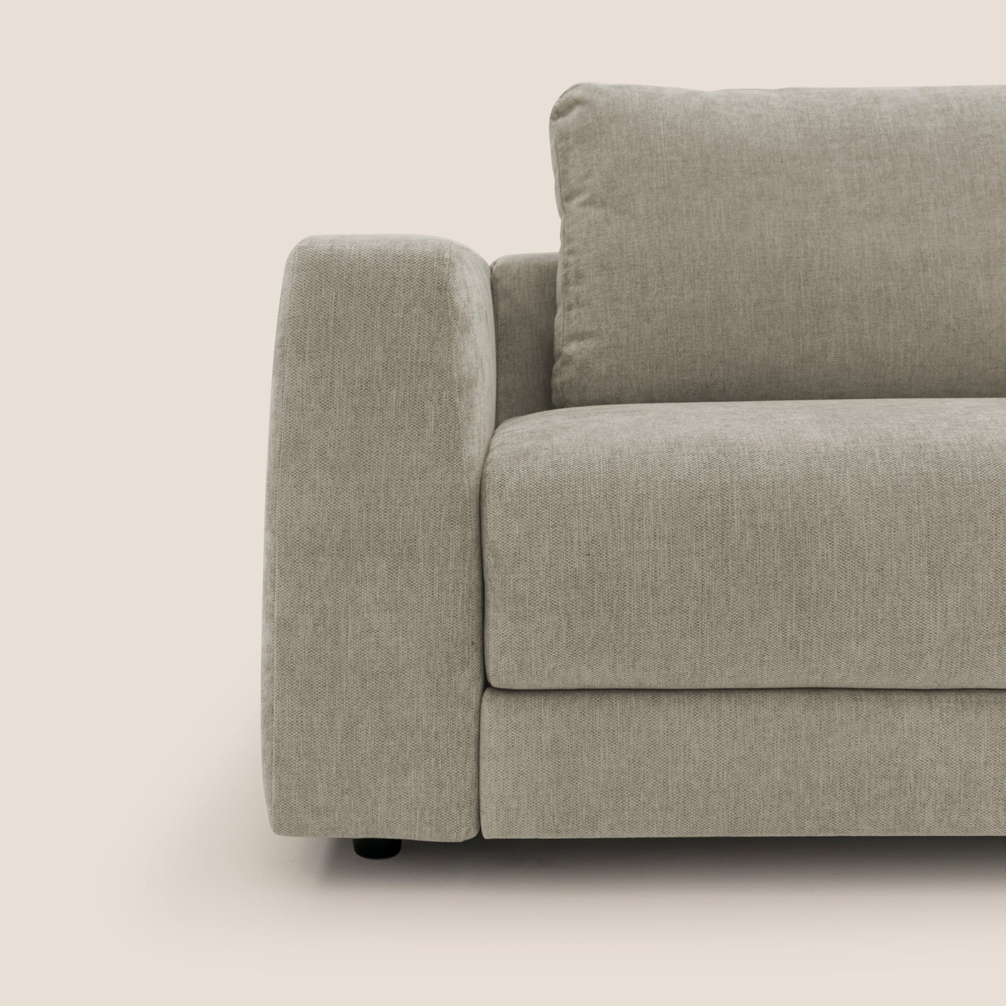 Freia Divano letto minimal materasso h15 cm con morbidi schienali in tessuto impermeabile T14 tortora