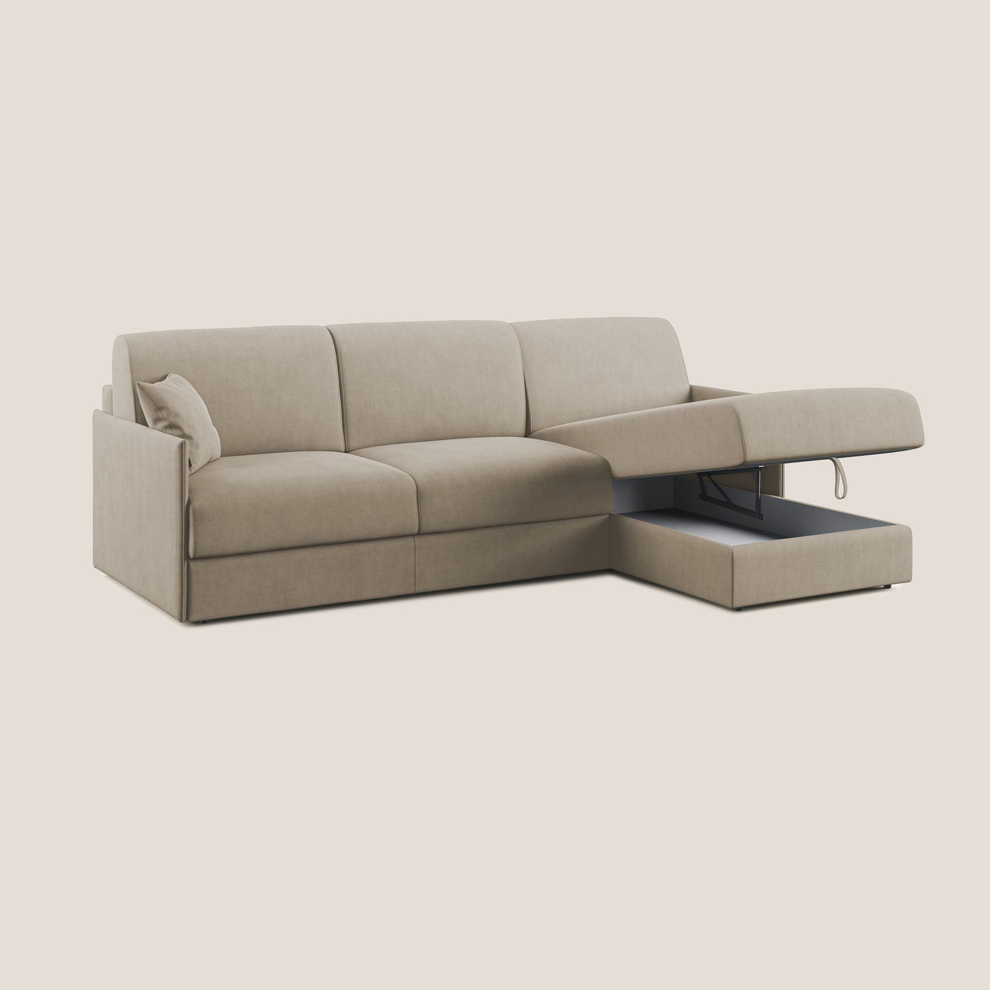 Evans Divano letto angolare con penisola in morbido tessuto impermeabile T02 beige