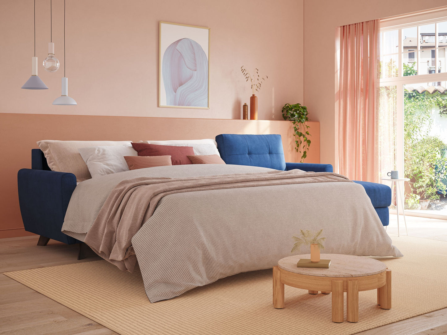 Callisto Divano letto angolare con penisola in tessuto morbido impermeabile T02 beige