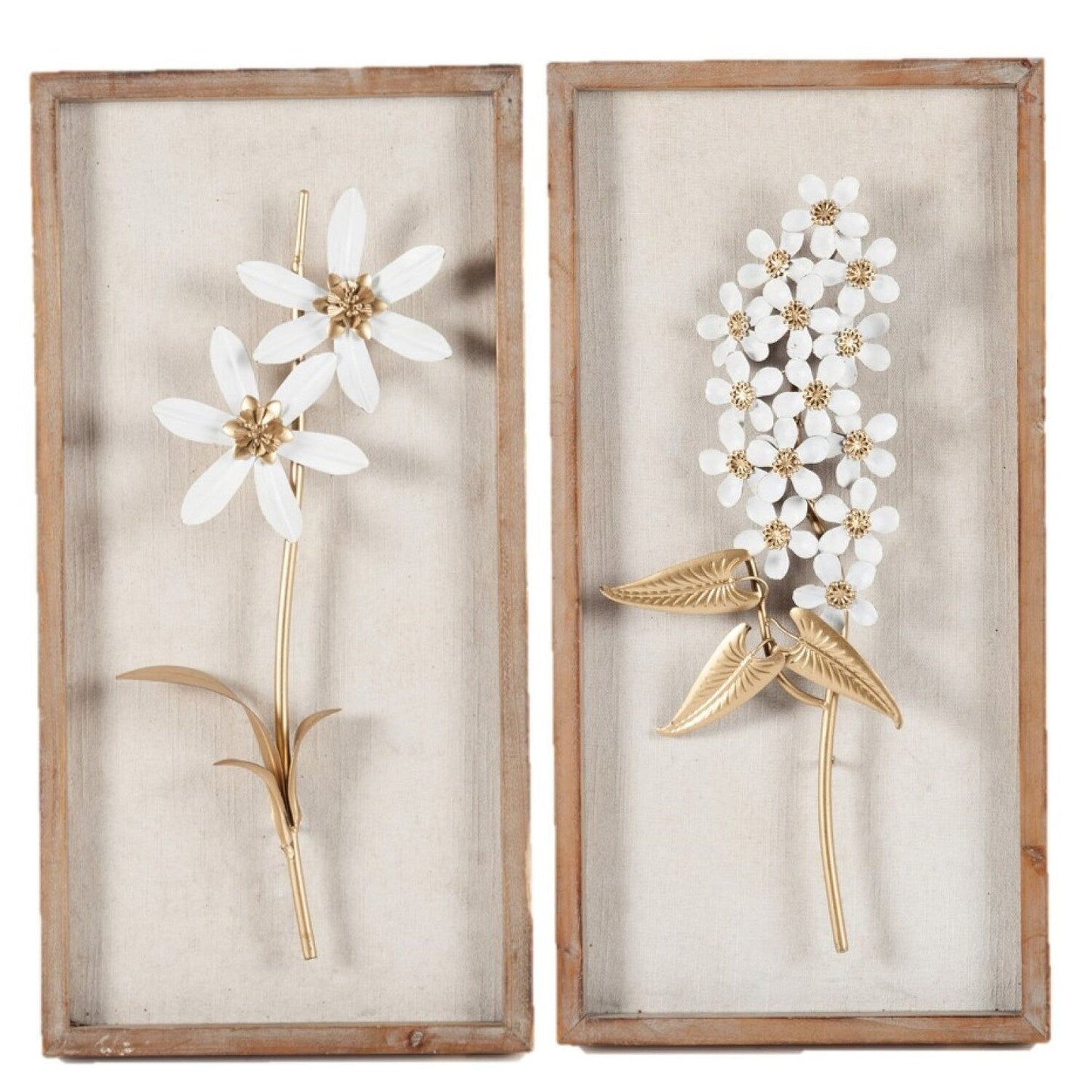 White and Gold Metal Flower Bouquet Wood Frame Wall Decor (Set of 2)