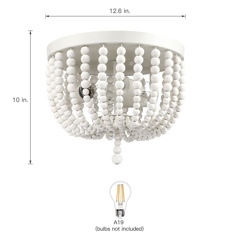 3-Light Bohemia Antique White Wood Beaded Flush Mount Ceiling Light