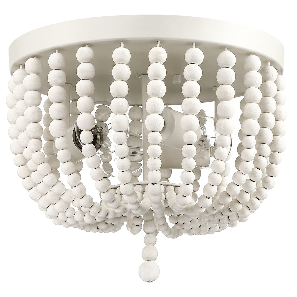 3-Light Bohemia Antique White Wood Beaded Flush Mount Ceiling Light