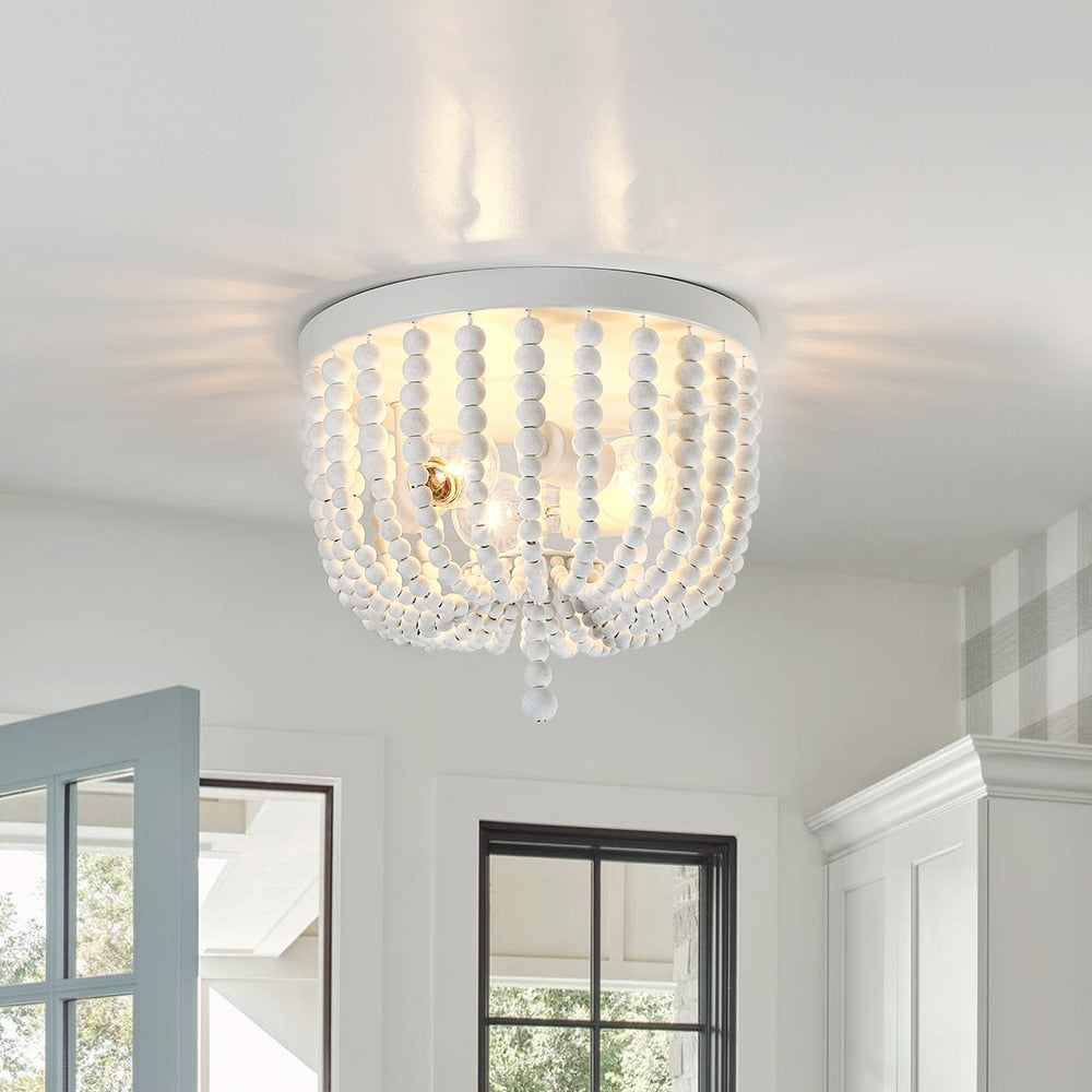 3-Light Bohemia Antique White Wood Beaded Flush Mount Ceiling Light