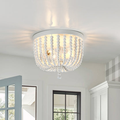 3-Light Bohemia Antique White Wood Beaded Flush Mount Ceiling Light