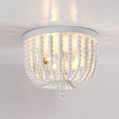 3-Light Bohemia Antique White Wood Beaded Flush Mount Ceiling Light