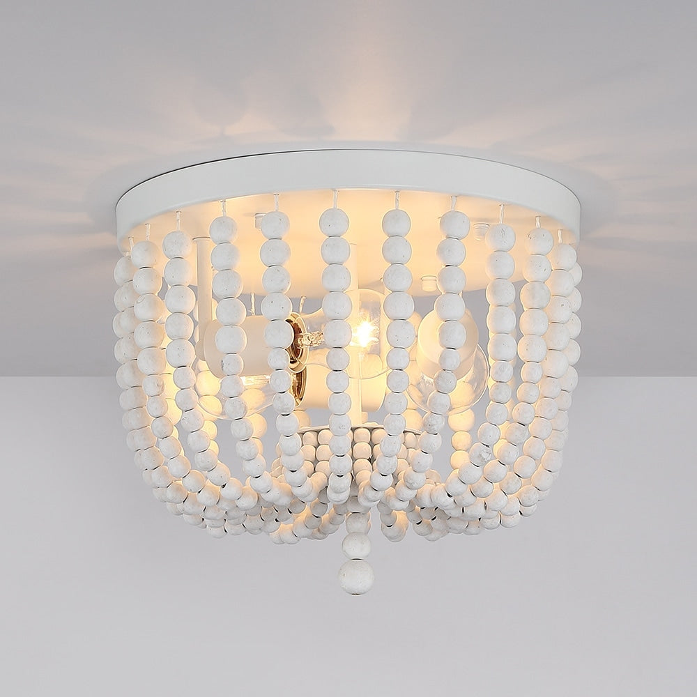 3-Light Bohemia Antique White Wood Beaded Flush Mount Ceiling Light