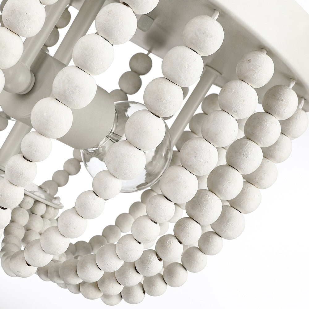 3-Light Bohemia Antique White Wood Beaded Flush Mount Ceiling Light