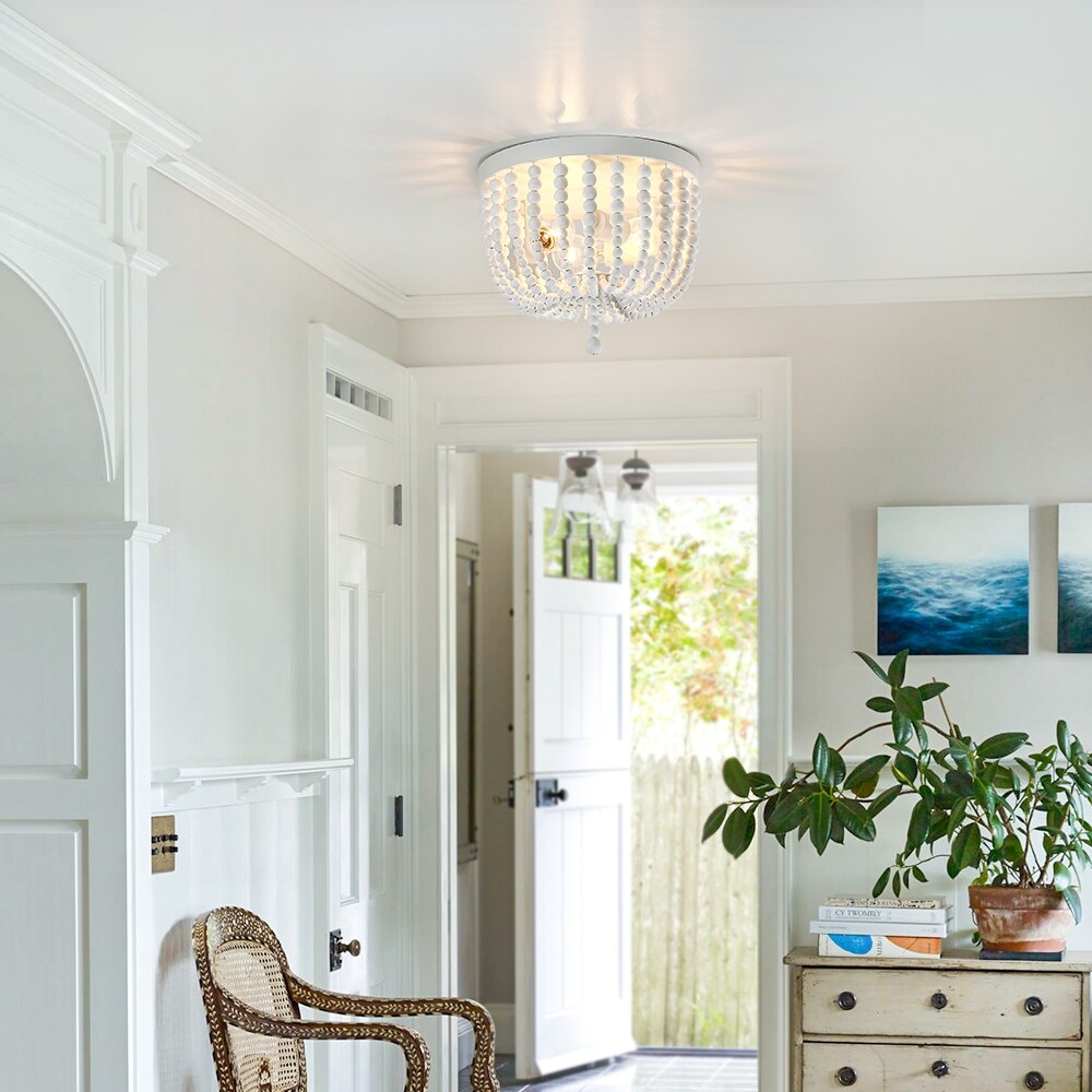 3-Light Bohemia Antique White Wood Beaded Flush Mount Ceiling Light