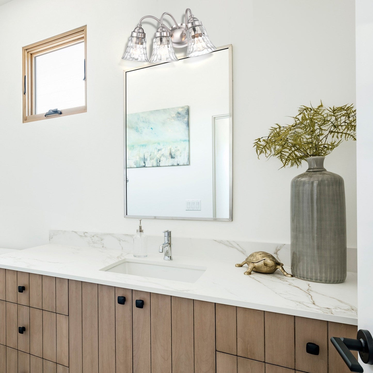3-Light Brushed Nickle Bathroom Vanity Light over Mirrors with Trumpet Glass Shade