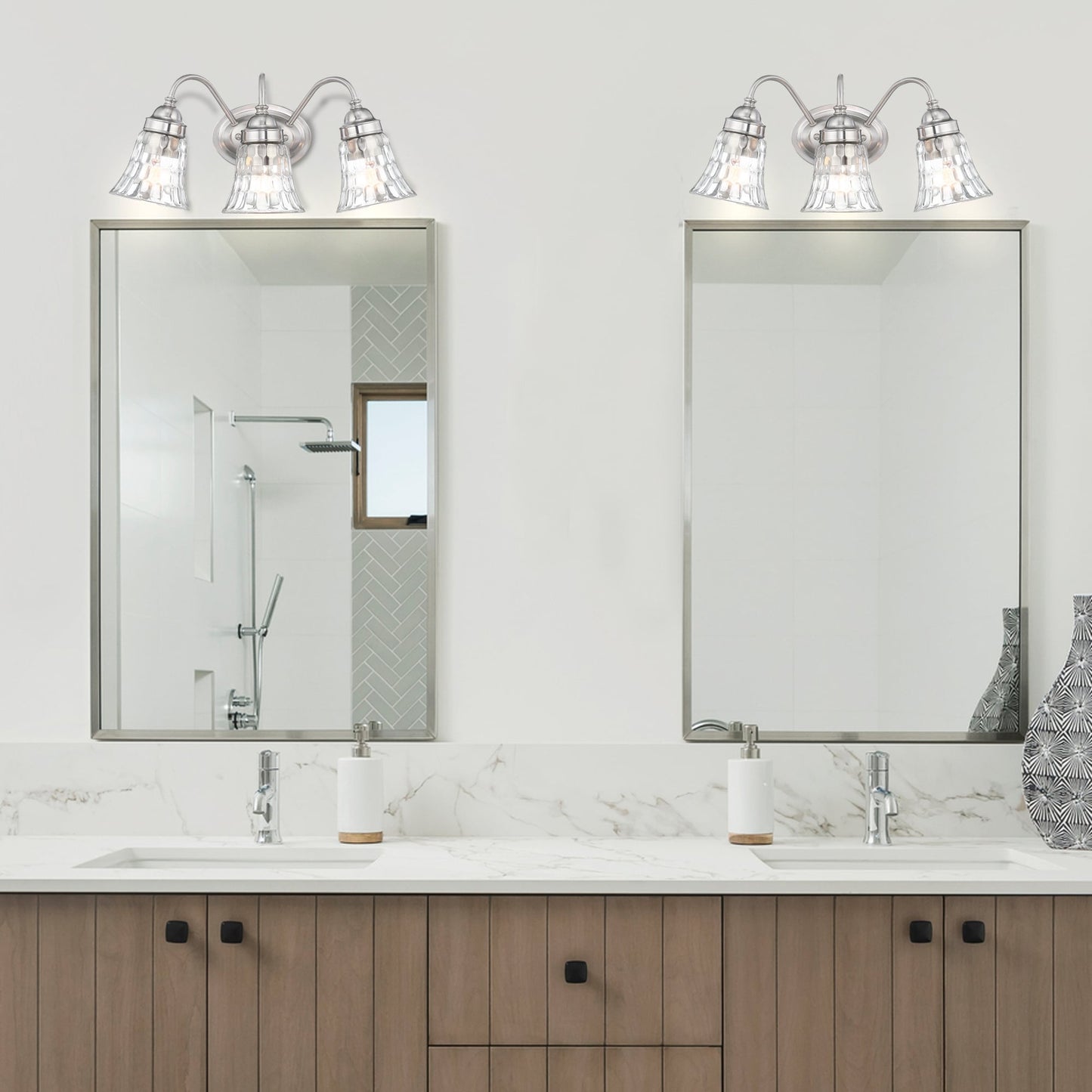 3-Light Brushed Nickle Bathroom Vanity Light over Mirrors with Trumpet Glass Shade