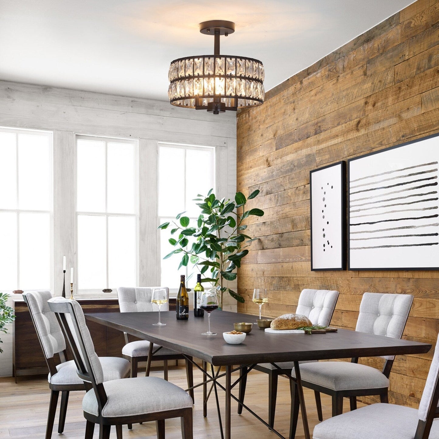 3-Light Crystal Semi Flush Mount Lights for Living Room Hallway