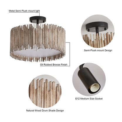Distressed White 3-Light Wood Drum Semi-Flush Mount Ceiling Light
