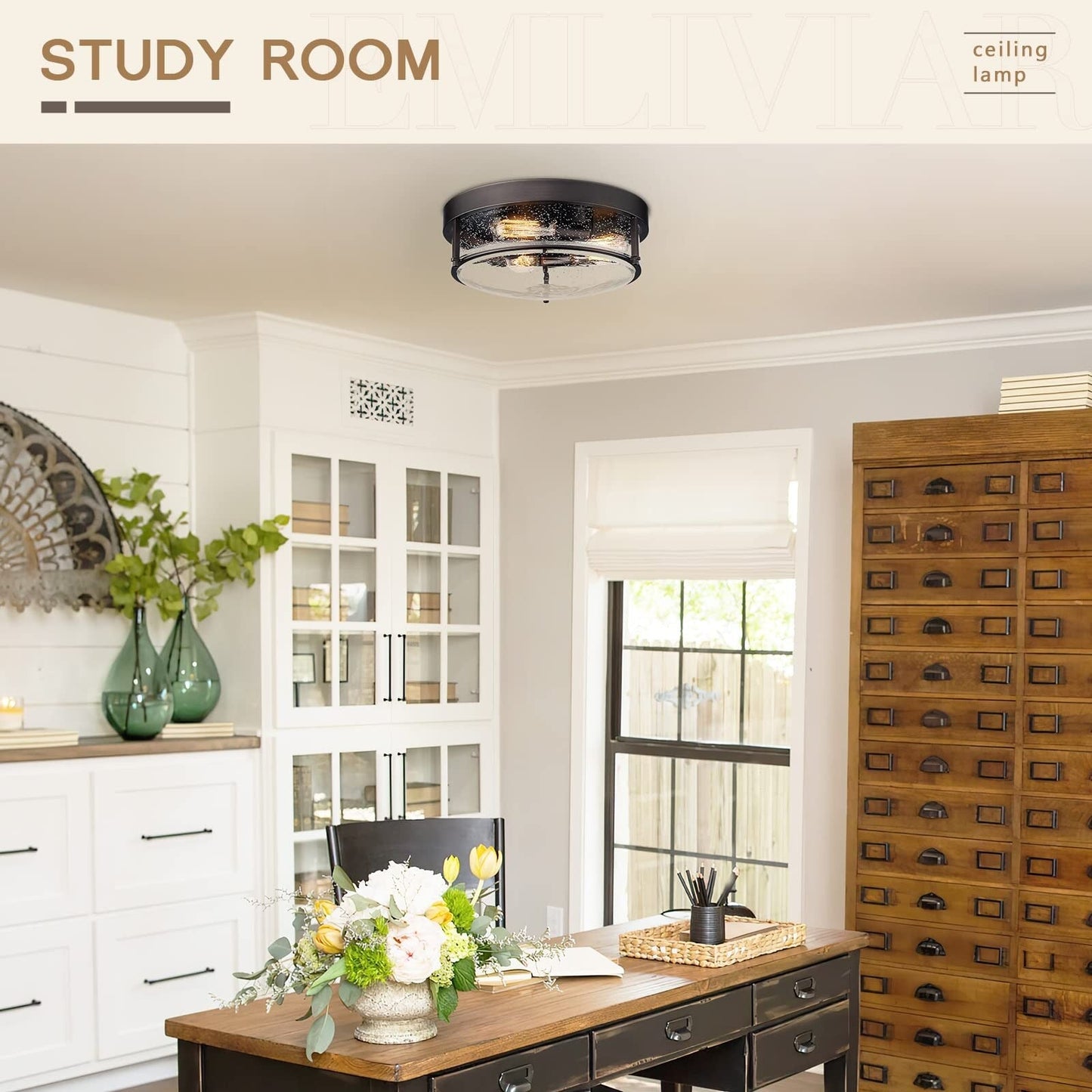 3-Light Glass Ceiling Light Flush Mount Light Fixture Seeded Glass