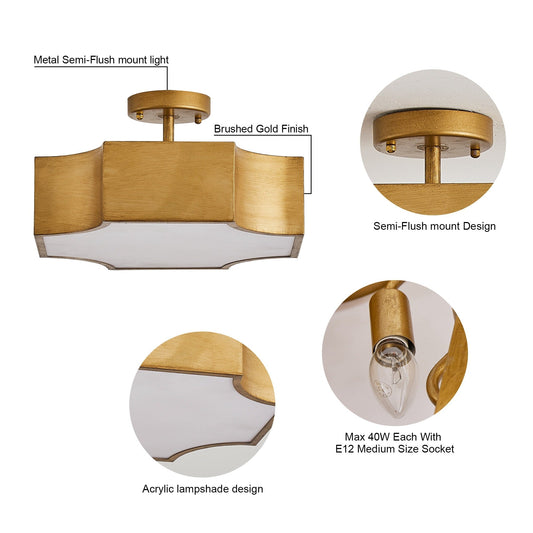 3-Light Modern Gold Semi-Flush Mount Ceiling Light