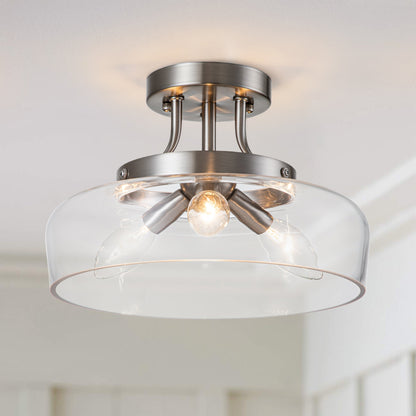 C Cattleya 3-Light Satin Nickel Semi Flush Mount Ceiling Light with Glass Shade