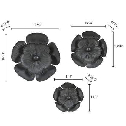 Dark Gray with Gold Multi-Size Metal Flowers Wall Decor (Set of 3)