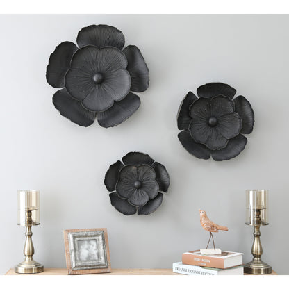 Dark Gray with Gold Multi-Size Metal Flowers Wall Decor (Set of 3)