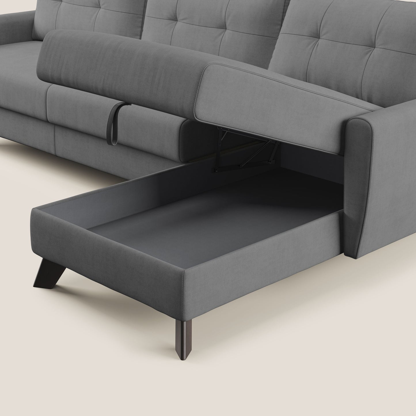 Callisto Divano letto angolare con penisola in tessuto morbido impermeabile T02 grigio