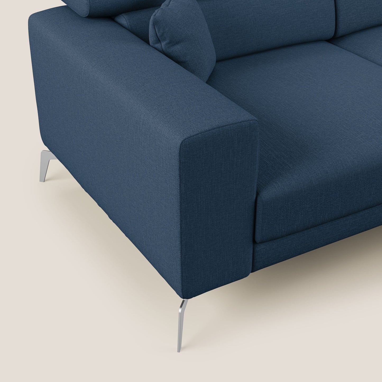 Blade Divano moderno angolare con poggiatesta reclinabili in tessuto impermeabile simil-cotone T13 blu