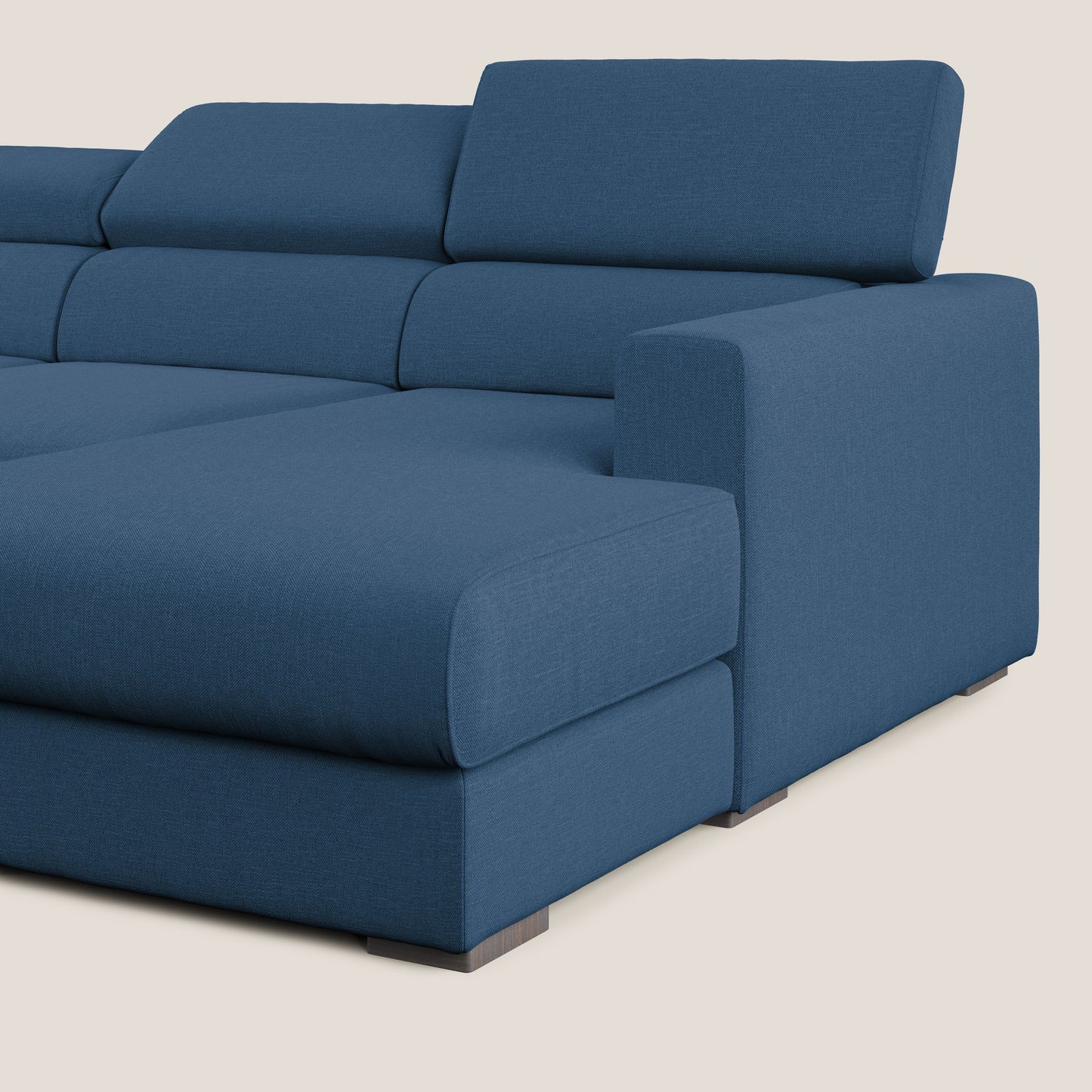 Dylan divano angolare con pouf estraibile poggiapiedi in tessuto simil cotone impermeabile T13 blu