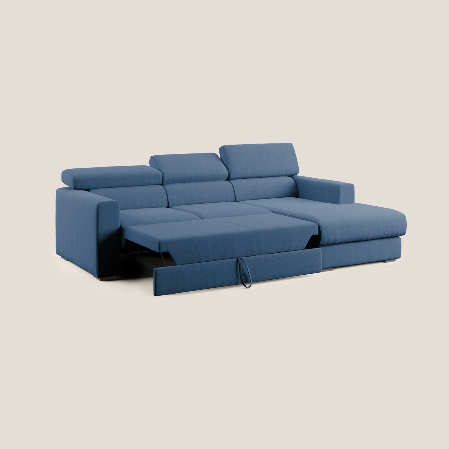 Dylan divano angolare con pouf estraibile poggiapiedi in tessuto simil cotone impermeabile T13 blu