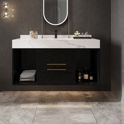 39.4 '' Floating Bathroom Vanity with Ceramic sink,Wall Hung Vanity 2 Soft Close Drawer and white slate top - 39'4 x 18'9