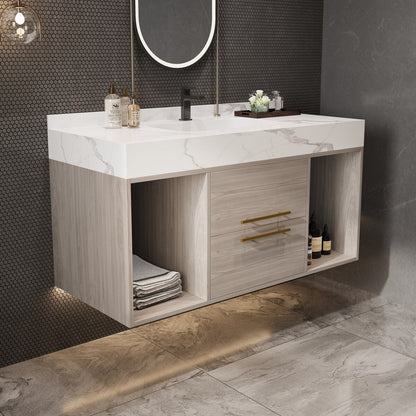 39.4 '' Floating Bathroom Vanity with Ceramic sink,Wall Hung Vanity 2 Soft Close Drawer and white slate top - 39'4 x 18'9