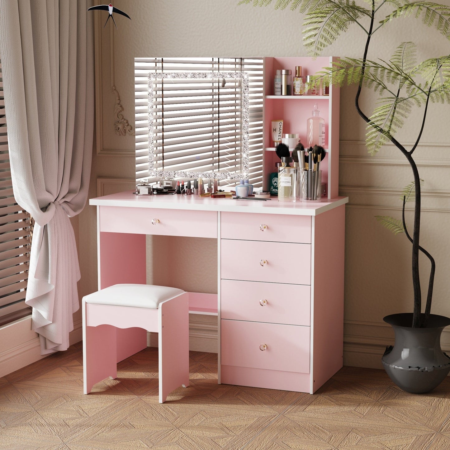 39.4'' Wide Makeup Vanity Set with Stool and Mirror