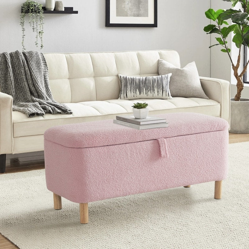 39.5 Off White Boucle Storage Ottoman Bench Sherpa Storage Bench Ottoman Foot Rest End of Bed for Living Room Bedroom,Wood Leg