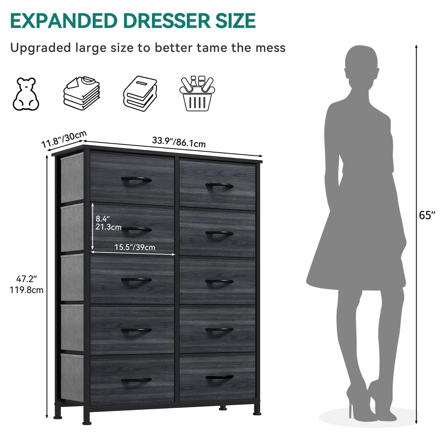 Modern 4/8/10-drawer Bedroom Fabric Dresser Storage Tower with Wood Top