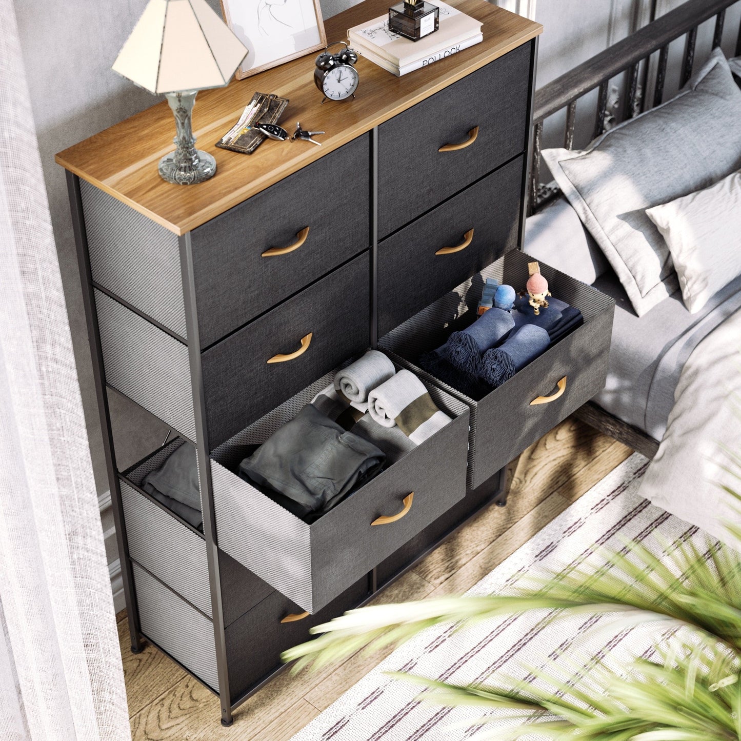 Modern 4/8/10-drawer Bedroom Fabric Dresser Storage Tower with Wood Top
