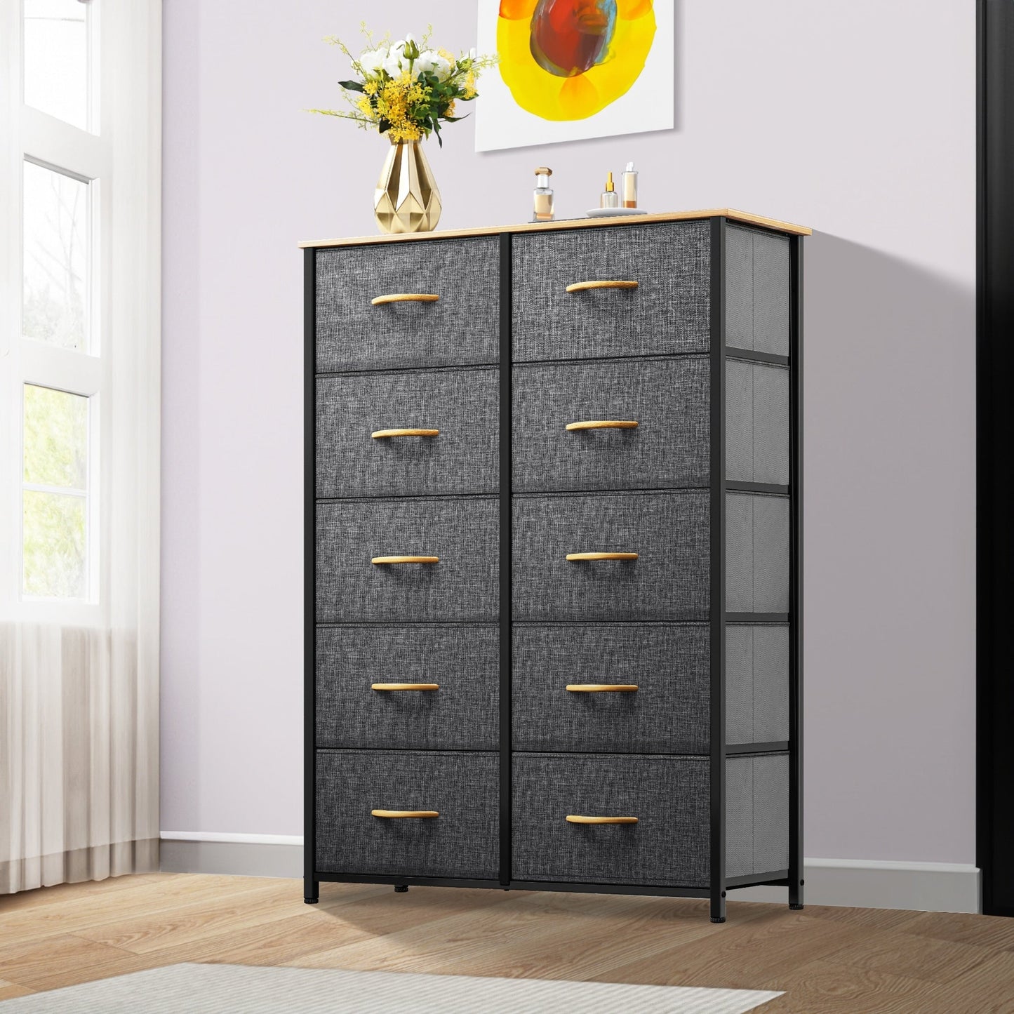Modern 4/8/10-drawer Bedroom Fabric Dresser Storage Tower with Wood Top