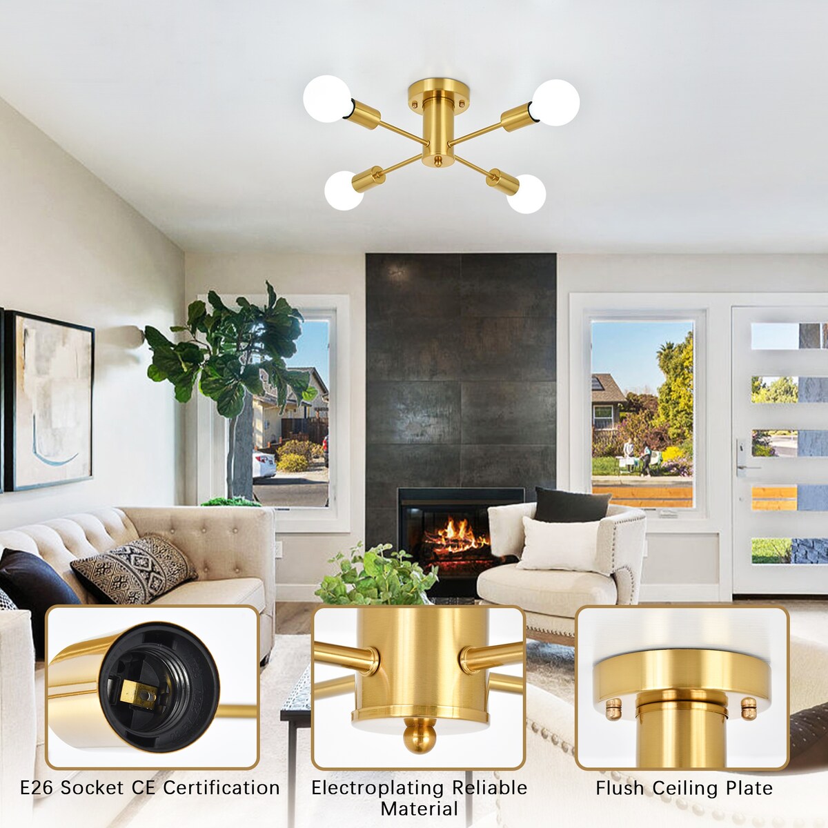 4-Light Industrial Semi Flush Mount Ceiling Light for Kitchen Dining Room Bedroom Study Living Room - N/A