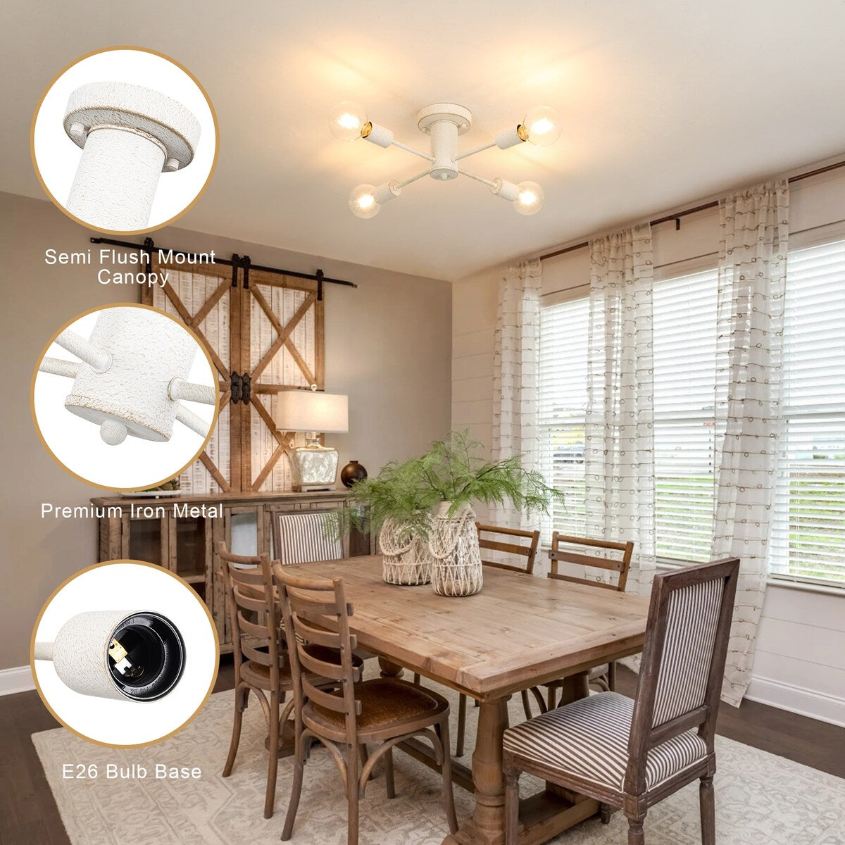 4-Light Industrial Semi Flush Mount Ceiling Light for Kitchen Dining Room Bedroom Study Living Room - N/A