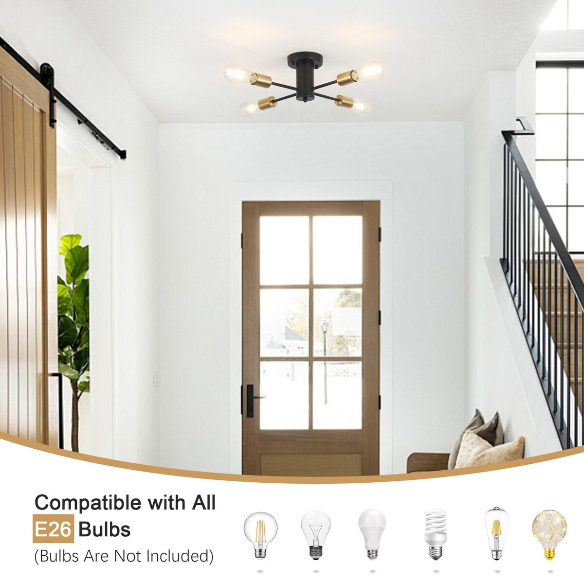 4-Light Industrial Semi Flush Mount Ceiling Light for Kitchen Dining Room Bedroom Study Living Room - N/A