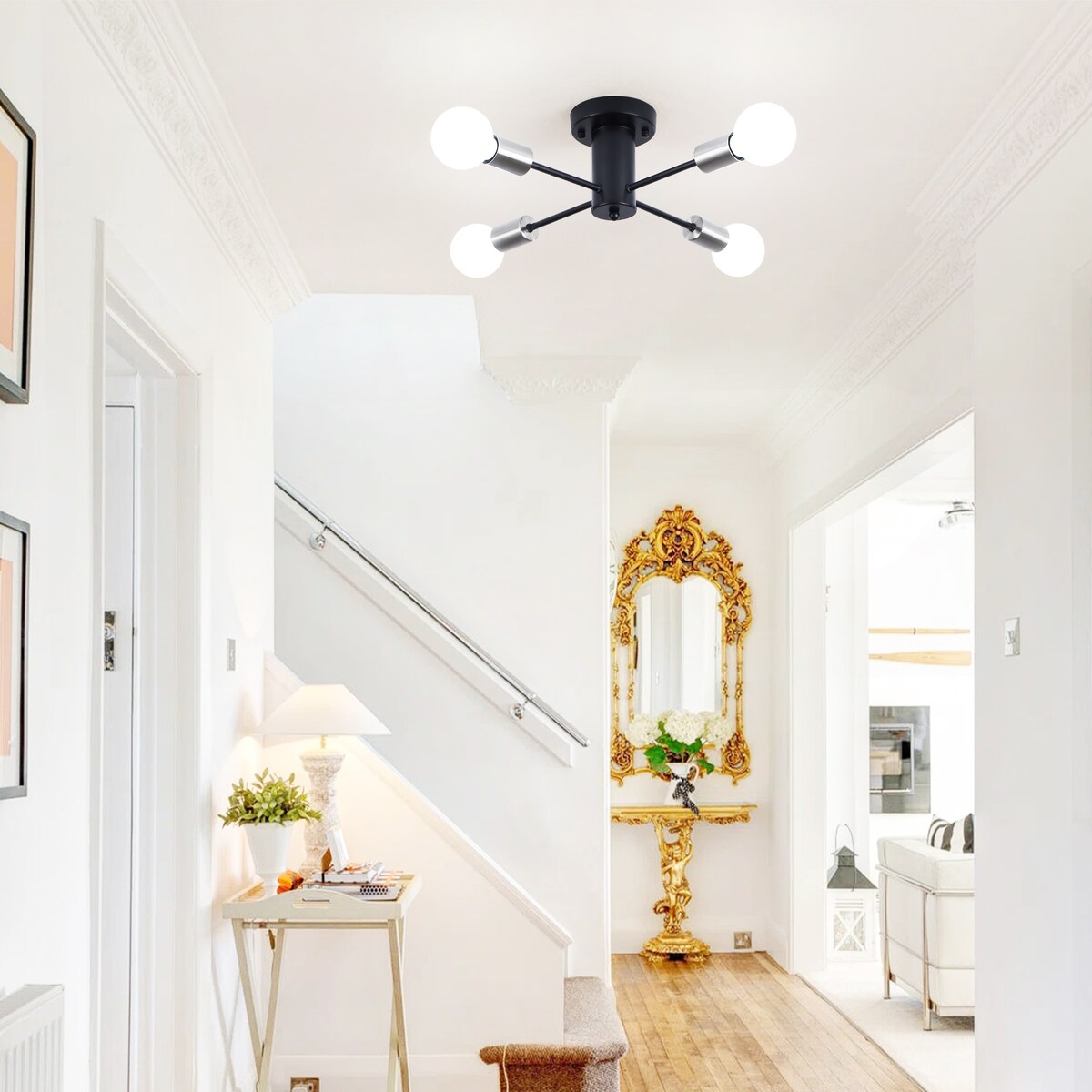 4-Light Industrial Semi Flush Mount Ceiling Light for Kitchen Dining Room Bedroom Study Living Room - N/A