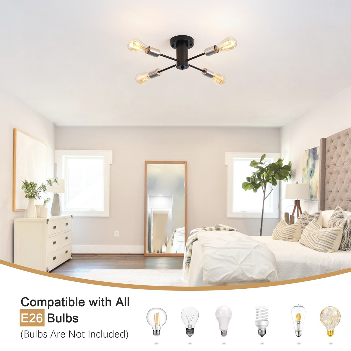4-Light Industrial Semi Flush Mount Ceiling Light for Kitchen Dining Room Bedroom Study Living Room - N/A