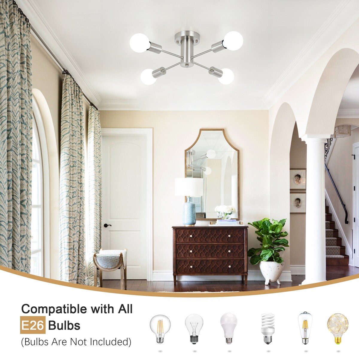 4-Light Industrial Semi Flush Mount Ceiling Light for Kitchen Dining Room Bedroom Study Living Room - N/A