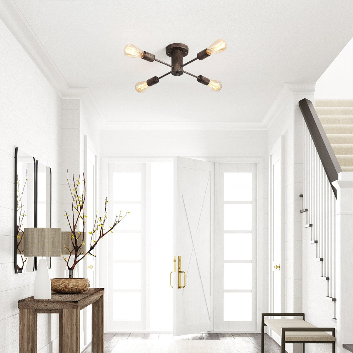 4-Light Industrial Semi Flush Mount Ceiling Light for Kitchen Dining Room Bedroom Study Living Room - N/A