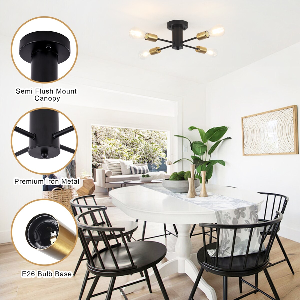 4-Light Industrial Semi Flush Mount Ceiling Light for Kitchen Dining Room Bedroom Study Living Room - N/A