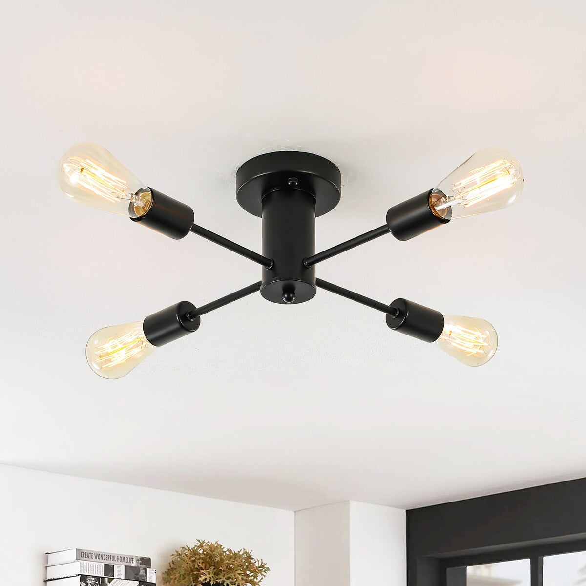 4-Light Industrial Semi Flush Mount Ceiling Light for Kitchen Dining Room Bedroom Study Living Room - N/A