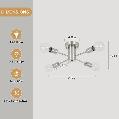 4-Light Industrial Semi Flush Mount Ceiling Light for Kitchen Dining Room Bedroom Study Living Room - N/A