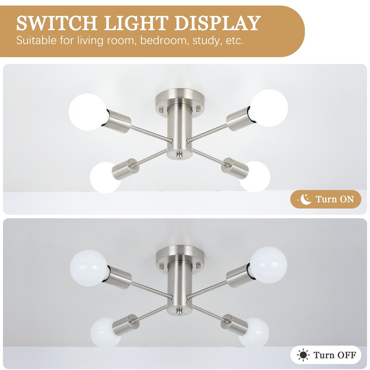 4-Light Industrial Semi Flush Mount Ceiling Light for Kitchen Dining Room Bedroom Study Living Room - N/A